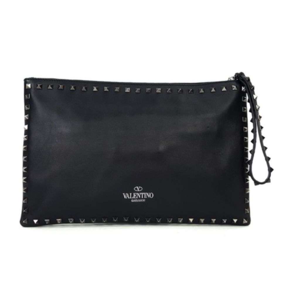 Valentino Garavani Rockstud Black Leather Studded Zipped Pouch Clutch Bag